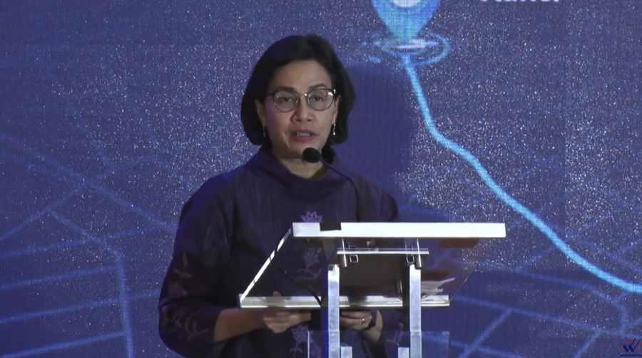 Menteri Keuangan/ Ketua Dewan Pengawas SWF Indonesia (INA), Sri Mulyani Saat Penyelesaian Transaksi Ruas Tol Kanci - Pejagan dan Pejagan - Pemalang antara INA dan WTR. (Tangkapan Layar via Youtube Waskita Karya)