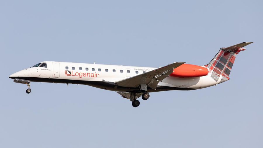 A Loganair Embraer 135 lands at Newcastle Airport from Southampton on 10th September 2020  (Photo by Robert Smith/MI News/NurPhoto via Getty Images)