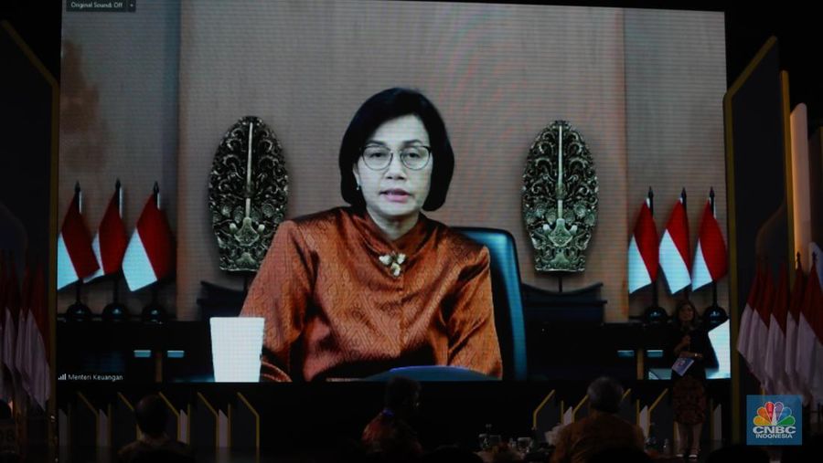 Menteri Keuangan Sri Mulyani di acara Sarasehan 100 Ekonom. (CNBC indonesia/Andrean Kristianto)