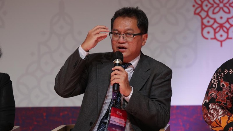 pertemuan T20 Indonesia Summit 2022 yang digelar di Hilton Resort, Nusa Dua, Bali pada 4-6 September 2022. Lead Co-Chair T20 Indonesia Bambang Brodjonegoro memberikan sambutan pada forum T20 Summit Indonesia di acara puncak KTT T20 yang digelar di Hilton Resort, Nusa Dua, Bali. (CNBC Indonesia/Tri Susilo))