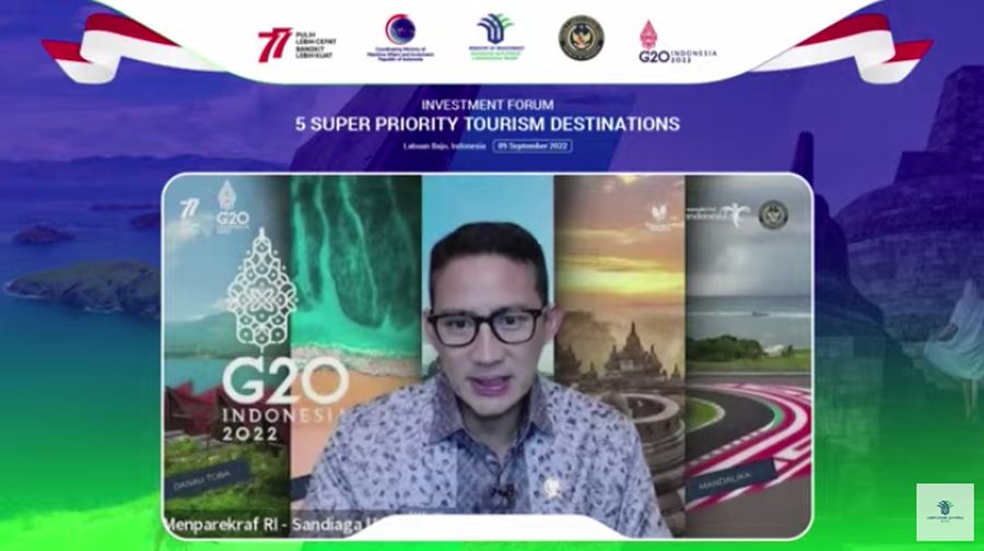 Menteri Pariwisata dan Ekonomi Kreatif Sandiaga Uno Saat Investment Forum: 5 Super Priority Tourism Destinations. (Tangkapan Layar via Youtube Kementerian Investasi - BKPM)