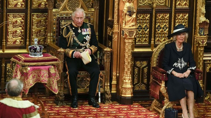 Britain Camilla Turns 75 FILE - Prince Charles reads the Queen's speech as Camilla Duchess of Cornwall, listens, both seated next to the Queen's crown during the State Opening of Parliament, at the Palace of Westminster in London, May 10, 2022. Camilla, the Duchess of Cornwall, will celebrate her 75th birthday on Sunday, July 17, 2022 marking the occasion with a small family dinner at Prince Charles’ Highgrove estate in southwest England. (AP Photo/Alastair Grant, Pool, File)