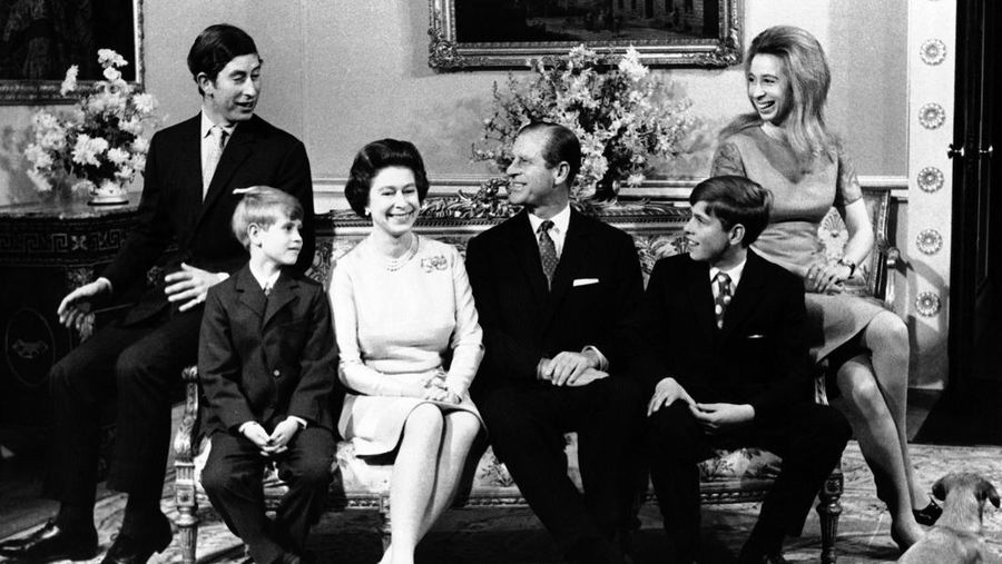 FILE - In this Nov. 20, 1972 file photo, Britain's Queen Elizabeth II, centre left and Prince Philip, centre, are seated with their children, from left, Prince Charles, Prince Edward, Prince Andrew and Princess Anne, at Buckingham Palace, in London, on the occasion of the royal couple's silver wedding anniversary. Queen Elizabeth II, Britain’s longest-reigning monarch and a rock of stability across much of a turbulent century, has died. She was 96. Buckingham Palace made the announcement in a statement on Thursday Sept. 8, 2022. (AP Photo, File)