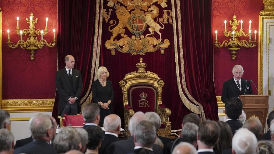 From left, Britain's Prince William, Camilla, the Queen Consort and King Charles III, before Privy Council members in the Throne Room during the Accession Council at St James's Palace, London, Saturday, Sept. 10, 2022, where King Charles III is formally proclaimed monarch. (Jonathan Brady/Pool Photo via AP)