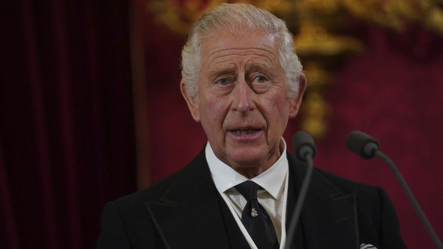 From left, Britain's Prince William, Camilla, the Queen Consort, King Charles III and Lord President of the Council Penny Mordaunt, before Privy Council members in the Throne Room during the Accession Council at St James's Palace, London, Saturday, Sept. 10, 2022, where King Charles III is formally proclaimed monarch. (Jonathan Brady/Pool Photo via AP)