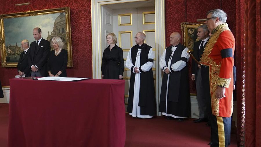 From left, Britain's Prince William, Camilla, the Queen Consort, King Charles III and Lord President of the Council Penny Mordaunt, before Privy Council members in the Throne Room during the Accession Council at St James's Palace, London, Saturday, Sept. 10, 2022, where King Charles III is formally proclaimed monarch. (Jonathan Brady/Pool Photo via AP)