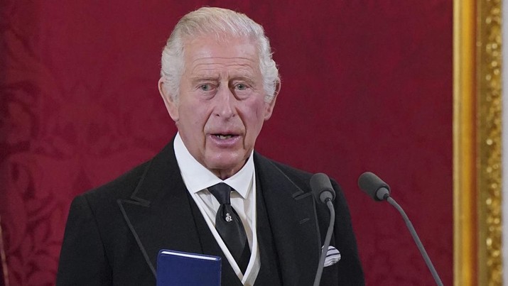 King Charles III makes his declaration during the Accession Council at St James's Palace, London, Saturday, Sept. 10, 2022, where he is formally proclaimed monarch. (Jonathan Brady/Pool Photo via AP)