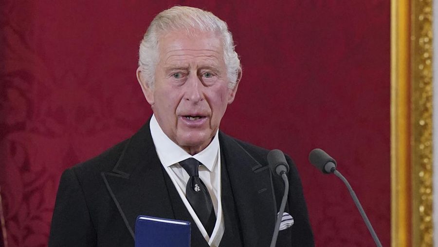 King Charles III makes his declaration during the Accession Council at St James's Palace, London, Saturday, Sept. 10, 2022, where he is formally proclaimed monarch. (Jonathan Brady/Pool Photo via AP)