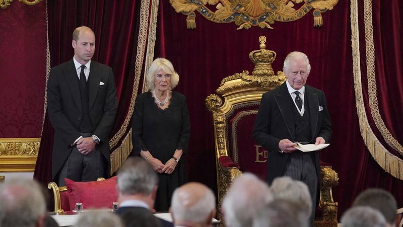 From left, Britain's Prince William, Camilla, the Queen Consort, King Charles III and Lord President of the Council Penny Mordaunt, before Privy Council members in the Throne Room during the Accession Council at St James's Palace, London, Saturday, Sept. 10, 2022, where King Charles III is formally proclaimed monarch. (Jonathan Brady/Pool Photo via AP)