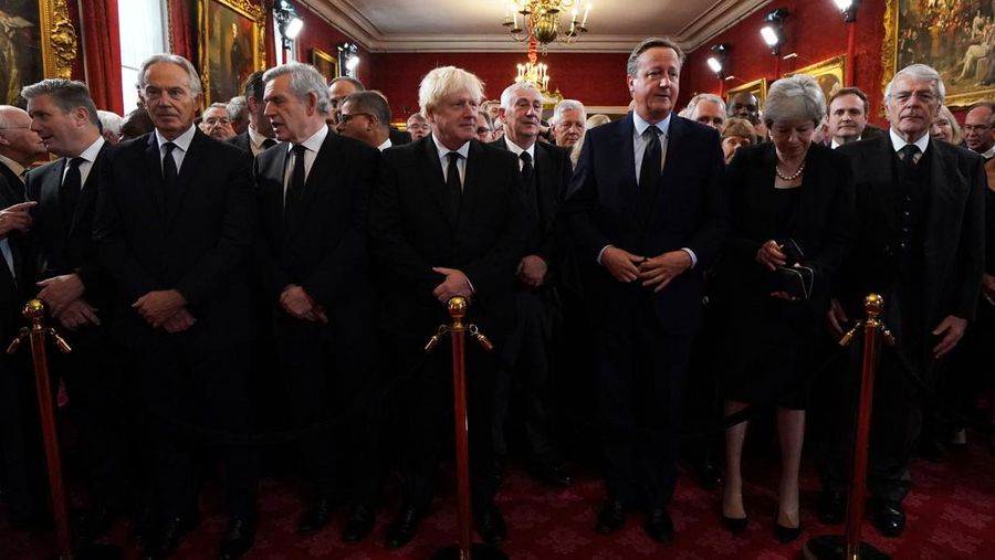From left, Britain's Prince William, Camilla, the Queen Consort, King Charles III and Lord President of the Council Penny Mordaunt, before Privy Council members in the Throne Room during the Accession Council at St James's Palace, London, Saturday, Sept. 10, 2022, where King Charles III is formally proclaimed monarch. (Jonathan Brady/Pool Photo via AP)