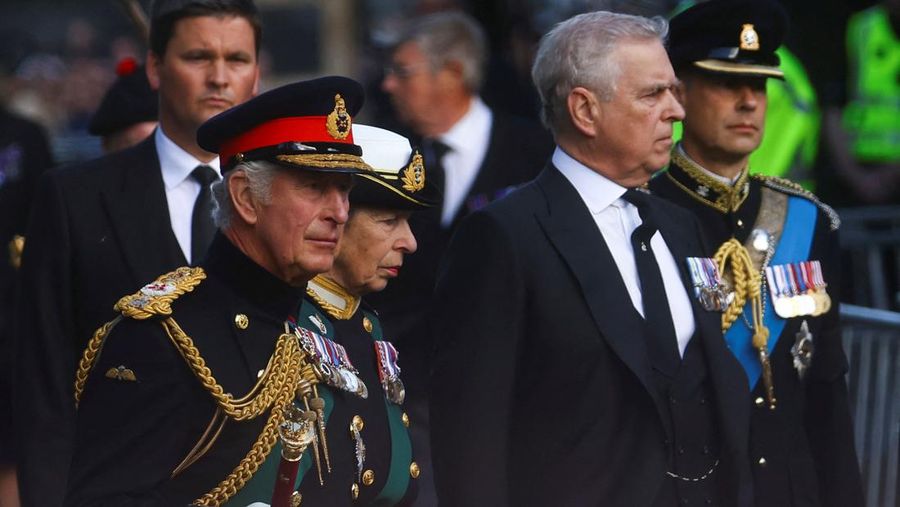 Britain's King Charles, Princess Anne, Prince Andrew and Prince Edward follow the hearse carrying the coffin of Britain's Queen Elizabeth in Edinburgh, Scotland, Britain September 12, 2022. REUTERS/Hannah McKay