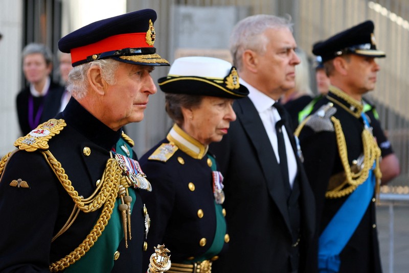 Britain's King Charles III, center, and other members of the royal family hold a vigil at the coffin of Queen Elizabeth II at St Giles' Cathedral, Edinburgh, Scotland,  Monday Sept. 12, 2022. (Jane Barlow/Pool via AP)