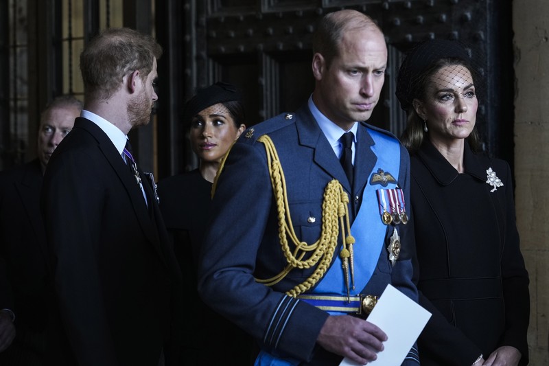 LONDON, ENGLAND - SEPTEMBER 14: David Armstrong-Jones, 2nd Earl of Snowdon, Prince William, Prince of Wales, King Charles III, Anne, Princess Royal, Prince Harry, Duke of Sussex, Timothy Laurence, Prince Andrew, Duke of York and Mr Peter Phillips walk behind the coffin during the procession for the Lying-in State of Queen Elizabeth II on September 14, 2022 in London, England. Queen Elizabeth II's coffin is taken in procession on a Gun Carriage of The King's Troop Royal Horse Artillery from Buckingham Palace to Westminster Hall where she will lay in state until the early morning of her funeral. Queen Elizabeth II died at Balmoral Castle in Scotland on September 8, 2022, and is succeeded by her eldest son, King Charles III.  (Photo by Chris Jackson/Getty Images)