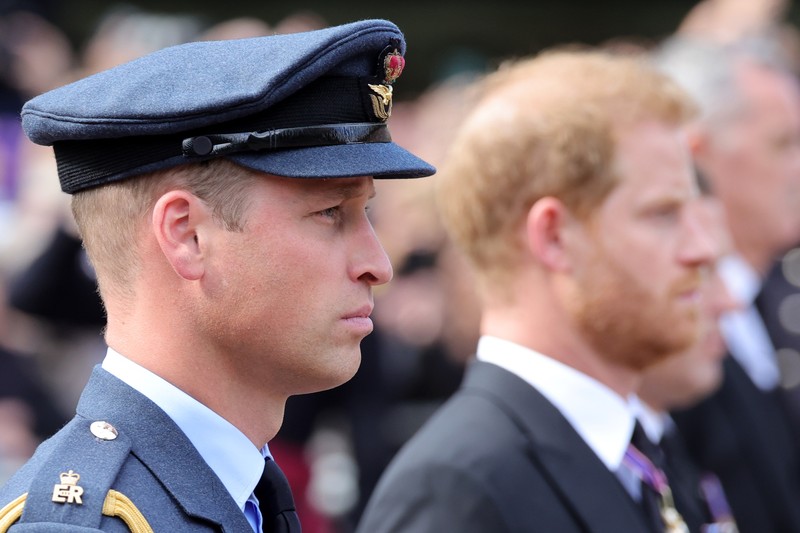 LONDON, ENGLAND - SEPTEMBER 14: David Armstrong-Jones, 2nd Earl of Snowdon, Prince William, Prince of Wales, King Charles III, Anne, Princess Royal, Prince Harry, Duke of Sussex, Timothy Laurence, Prince Andrew, Duke of York and Mr Peter Phillips walk behind the coffin during the procession for the Lying-in State of Queen Elizabeth II on September 14, 2022 in London, England. Queen Elizabeth II's coffin is taken in procession on a Gun Carriage of The King's Troop Royal Horse Artillery from Buckingham Palace to Westminster Hall where she will lay in state until the early morning of her funeral. Queen Elizabeth II died at Balmoral Castle in Scotland on September 8, 2022, and is succeeded by her eldest son, King Charles III.  (Photo by Chris Jackson/Getty Images)