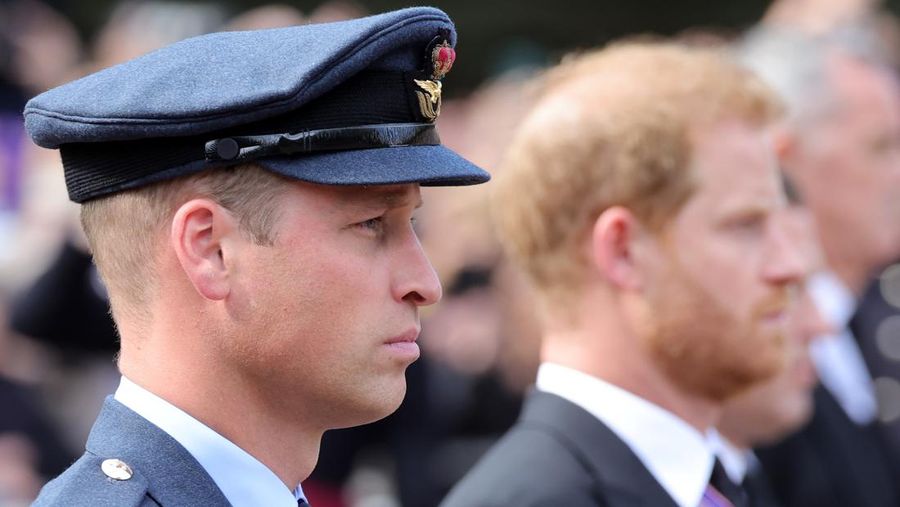 LONDON, ENGLAND - SEPTEMBER 14: David Armstrong-Jones, 2nd Earl of Snowdon, Prince William, Prince of Wales, King Charles III, Anne, Princess Royal, Prince Harry, Duke of Sussex, Timothy Laurence, Prince Andrew, Duke of York and Mr Peter Phillips walk behind the coffin during the procession for the Lying-in State of Queen Elizabeth II on September 14, 2022 in London, England. Queen Elizabeth II's coffin is taken in procession on a Gun Carriage of The King's Troop Royal Horse Artillery from Buckingham Palace to Westminster Hall where she will lay in state until the early morning of her funeral. Queen Elizabeth II died at Balmoral Castle in Scotland on September 8, 2022, and is succeeded by her eldest son, King Charles III.  (Photo by Chris Jackson/Getty Images)