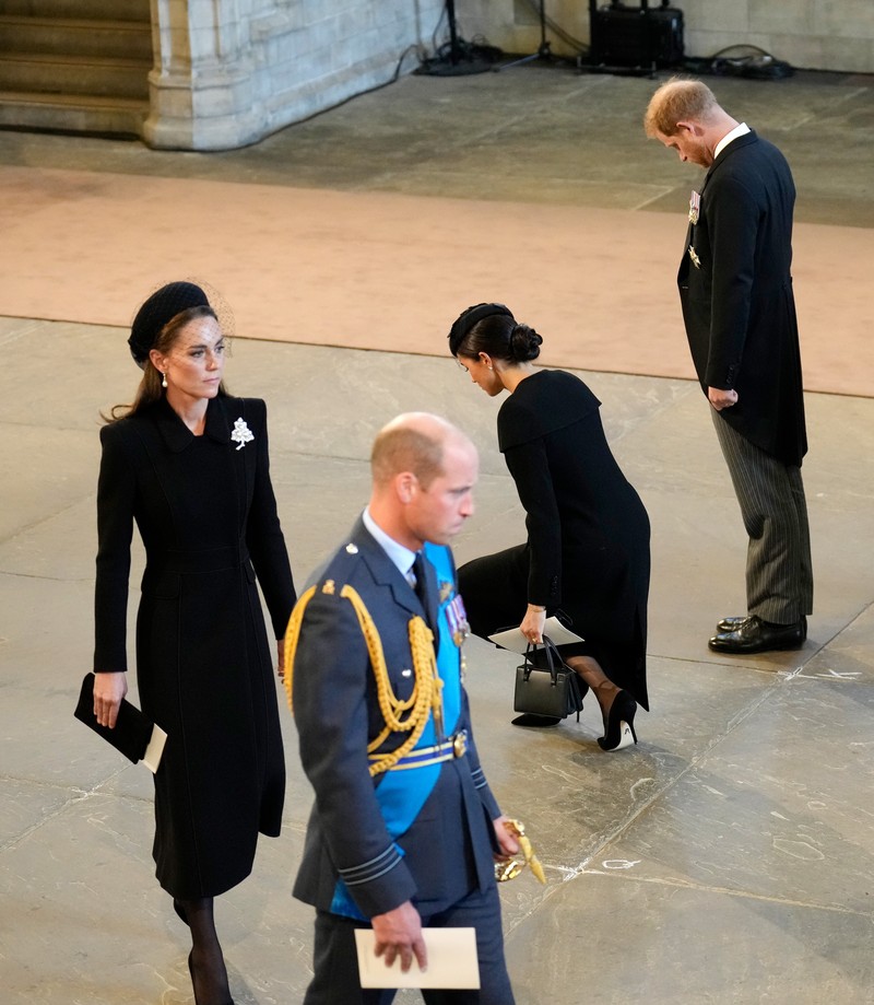 LONDON, ENGLAND - SEPTEMBER 14: David Armstrong-Jones, 2nd Earl of Snowdon, Prince William, Prince of Wales, King Charles III, Anne, Princess Royal, Prince Harry, Duke of Sussex, Timothy Laurence, Prince Andrew, Duke of York and Mr Peter Phillips walk behind the coffin during the procession for the Lying-in State of Queen Elizabeth II on September 14, 2022 in London, England. Queen Elizabeth II's coffin is taken in procession on a Gun Carriage of The King's Troop Royal Horse Artillery from Buckingham Palace to Westminster Hall where she will lay in state until the early morning of her funeral. Queen Elizabeth II died at Balmoral Castle in Scotland on September 8, 2022, and is succeeded by her eldest son, King Charles III.  (Photo by Chris Jackson/Getty Images)