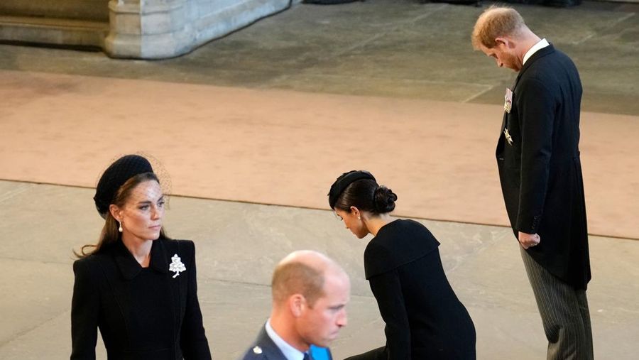 LONDON, ENGLAND - SEPTEMBER 14: David Armstrong-Jones, 2nd Earl of Snowdon, Prince William, Prince of Wales, King Charles III, Anne, Princess Royal, Prince Harry, Duke of Sussex, Timothy Laurence, Prince Andrew, Duke of York and Mr Peter Phillips walk behind the coffin during the procession for the Lying-in State of Queen Elizabeth II on September 14, 2022 in London, England. Queen Elizabeth II's coffin is taken in procession on a Gun Carriage of The King's Troop Royal Horse Artillery from Buckingham Palace to Westminster Hall where she will lay in state until the early morning of her funeral. Queen Elizabeth II died at Balmoral Castle in Scotland on September 8, 2022, and is succeeded by her eldest son, King Charles III.  (Photo by Chris Jackson/Getty Images)