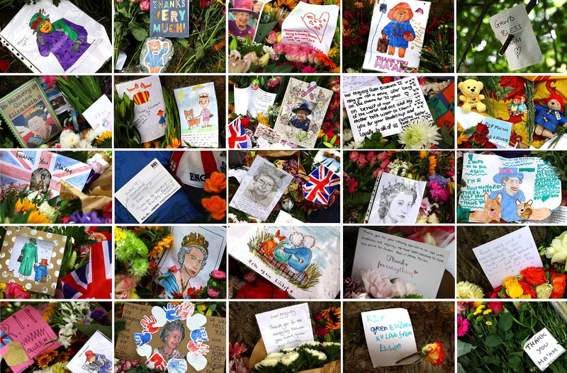 BRITAIN-ROYALS/QUEEN A combination of pictures shows handwritten and drawn tribute messages in respect for Britain's Queen Elizabeth, following her death, at Green Park in London, Britain September 15, 2022. REUTERS/Kai Pfaffenbach
