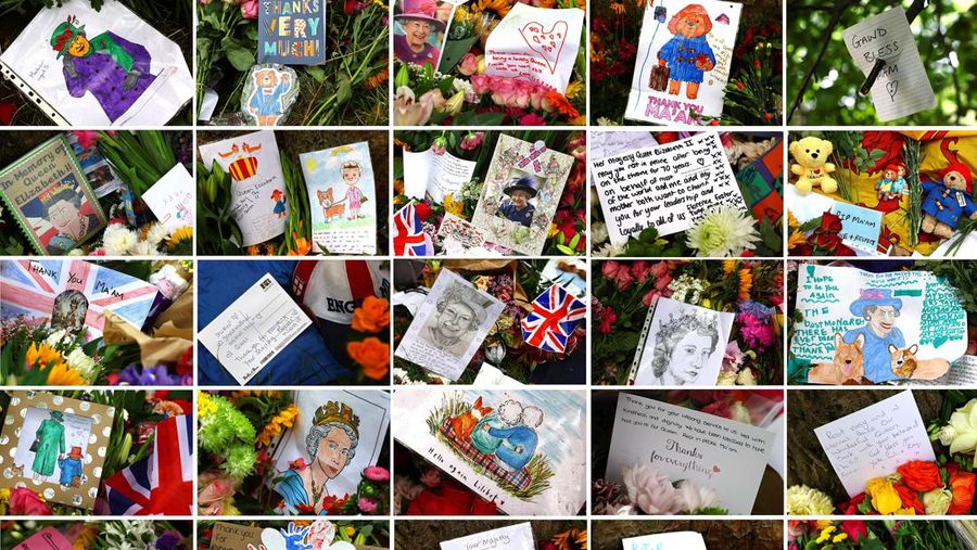 A combination of pictures shows handwritten and drawn tribute messages in respect for Britain's Queen Elizabeth, following her death, at Green Park in London, Britain September 15, 2022.  REUTERS/Kai Pfaffenbach