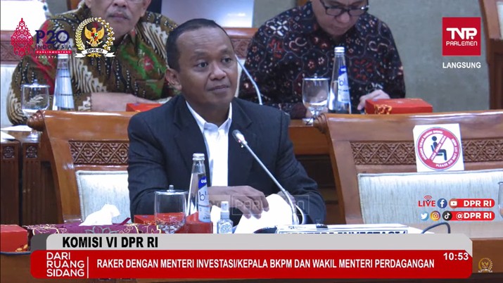 Raker Menteri Investasi dengan Komisi VI DPR Menteri Investasi Bahlil Lahadalia saat raker dengan Komisi VI DPR, Rabu (21/9/2022).