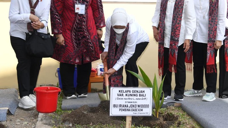 Mengawali kunjungan kerja di Kabupaten Sragen, Ibu Iriana Joko Widodo dan Ibu Wury Ma'ruf Amin beserta para anggota Organisasi Aksi Solidaritas Era Kabinet Indonesia Maju (OASE KIM) menyerahkan bantuan sembako di Kantor Kecamatan Masaran, Kabupaten Sragen, pada Kamis, 22 September 2022. (Dok: Biro Pers Sekretariat Presiden)