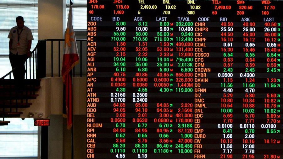 A trader (L) descends down a flight of stairs near an electronic board showing prices on the Philippine Stock Exchange in Manila on August 25, 2015. Asian markets were mixed after a seesaw session on August 25, with Tokyo diving and Shanghai extending its worst rout in almost 20 years, while other regional markets bounced into positive territory.      AFP PHOTO / NOEL CELIS        (Photo credit should read NOEL CELIS/AFP via Getty Images)