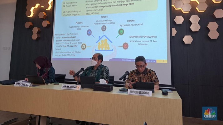 Media Briefing: tetang Update Penyaluran Bansos dan Pembiayaan (kiri ke kanan): Kepala Biro KLI Kemenkeu Rahayu Puspasari, Direktur Jenderal Anggaran Kemenkeu Isa Rachmatarwata dan Direktur Jenderal Pengelolaan Pembiayaan dan Risiko Kemenkeu Luky Alfirman saat Media Briefing: tetang Update Penyaluran Bansos dan Pembiayaan di Kemenkeu, Jakarta. (CNBC Indonesia/ Hadijah Alaydrus)