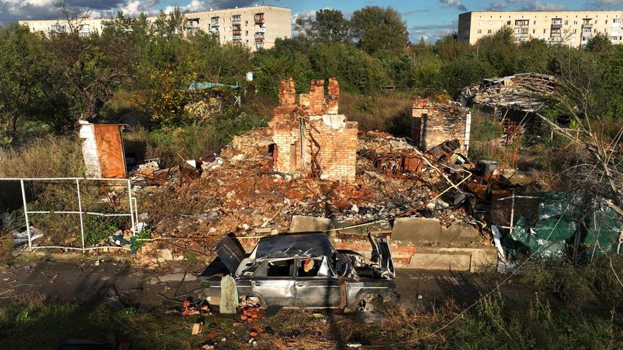 IZIUM, UKRAINE - OCTOBER 3:  An aerial view of destroyed buildings on October 3, 2022 in Izium, Ukraine. Izium is still without electricity and water after the town was liberated by Ukrainian forces.  (Photo by Paula Bronstein/Getty Images)