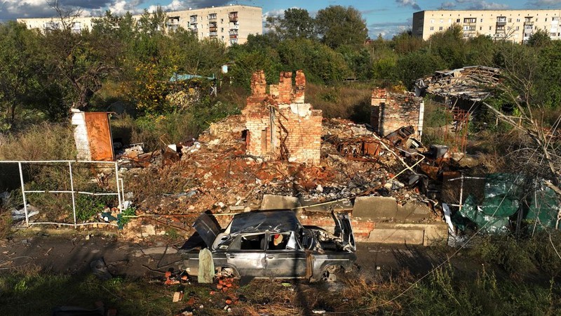 IZIUM, UKRAINE - OCTOBER 3:  An aerial view of destroyed buildings on October 3, 2022 in Izium, Ukraine. Izium is still without electricity and water after the town was liberated by Ukrainian forces.  (Photo by Paula Bronstein/Getty Images)