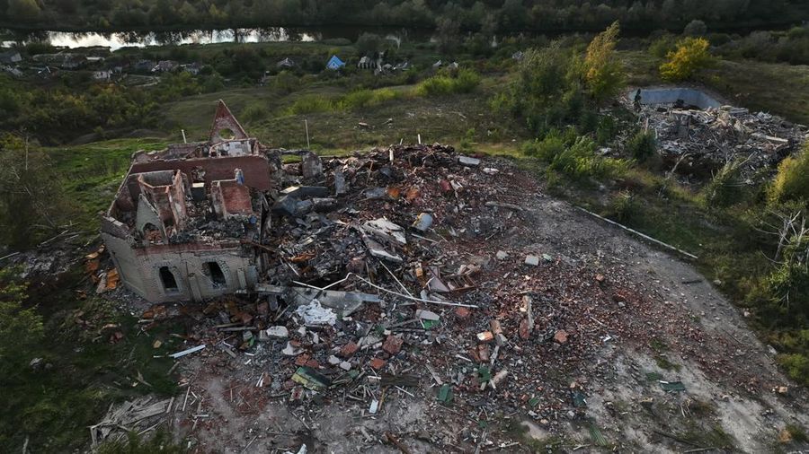 IZIUM, UKRAINE - OCTOBER 3:  An aerial view of destroyed buildings on October 3, 2022 in Izium, Ukraine. Izium is still without electricity and water after the town was liberated by Ukrainian forces.  (Photo by Paula Bronstein/Getty Images)