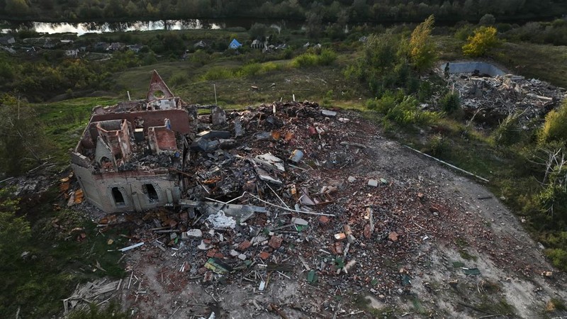 IZIUM, UKRAINE - OCTOBER 3:  An aerial view of destroyed buildings on October 3, 2022 in Izium, Ukraine. Izium is still without electricity and water after the town was liberated by Ukrainian forces.  (Photo by Paula Bronstein/Getty Images)