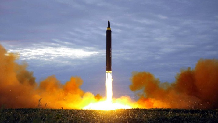 Koreas Tensions FILE - This photo distributed by the North Korean government shows what was said to be the test launch of a Hwasong-12 intermediate range missile in Pyongyang, North Korea on Aug. 29, 2017. North Korea on Tuesday, Oct. 4, 2022 fired an intermediate-range ballistic missile over Japan for the first time in five years. Japanese Defense Minister Yasukazu Hamada said one launched Tuesday could be the same as the Hwasong-12 missile that North has fired four times in the past. The content of this image is as provided and cannot be independently verified. (Korean Central News Agency/Korea News Service via AP, File)