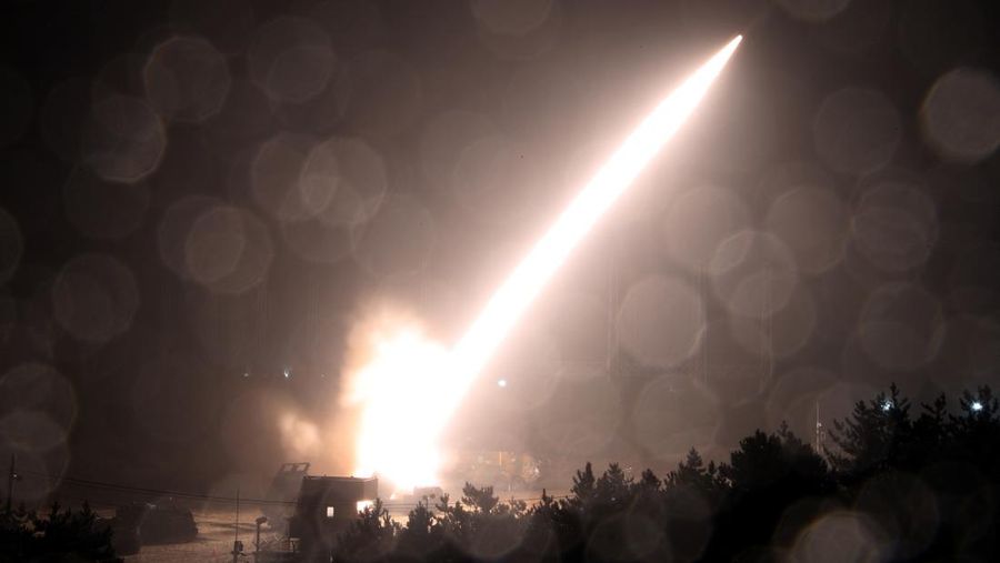 A surface-to-surface missile is fired into the sea off the east coast in this handout picture provided by the Defense Ministry, South Korea, October 5, 2022. South Korean Defense Ministry/Handout via REUTERS ATTENTION EDITORS - THIS IMAGE HAS BEEN SUPPLIED BY A THIRD PARTY.