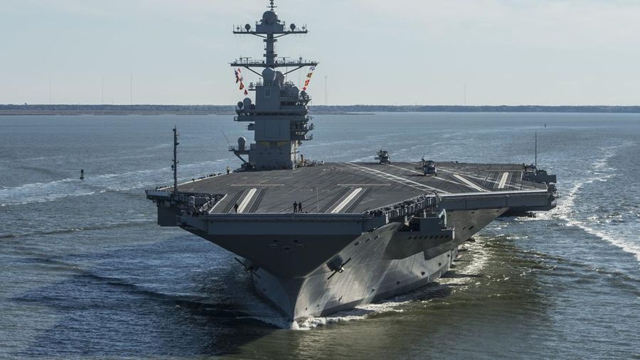 FILE - In this Saturday, April 8, 2017 file photo provided by the U.S. Navy, the USS Gerald R. Ford embarks on the first of its sea trials to test various state-of-the-art systems on its own power for the first time, from Newport News, Va. Naval Sea Systems Command spokesman William Couch said in a statement that the USS Gerald R. Ford arrived Sunday, July 15, 2018, at Newport News Shipbuilding. Work at the shipyard will mark the next phase in the development of the Navy's most advanced and scrutinized warship. (Mass Communication Specialist 2nd Class Ridge Leoni/U.S. Navy via AP, File)