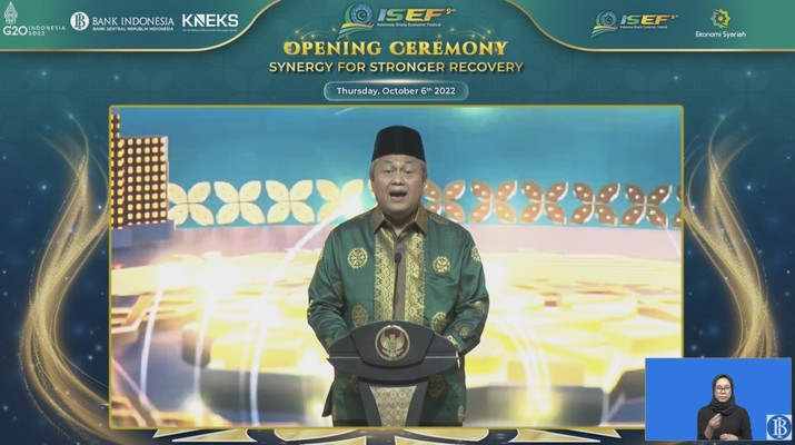 Gubernur Bank Indonesia Perry Warjiyo di acara Opening Ceremony Indonesia Sharia Economic Festival (ISEF) 2022 (Tangkapan Layar Youtube Bank Indonesia)