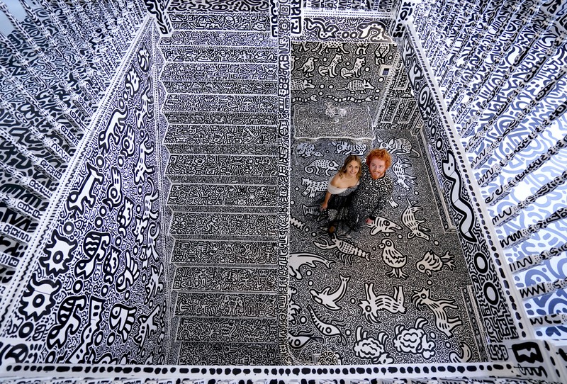 A view of the outside of British artists' Sam Cox, aka Mr Doodle, as he reveals the Doodle House, a twelve-room mansion at Tenterden, in Kent, which has been covered, inside and out in the artist's trademark monochrome, cartoonish hand-drawn doodles. Picture date: Monday October 3, 2022. (Photo by Gareth Fuller/PA Images via Getty Images)