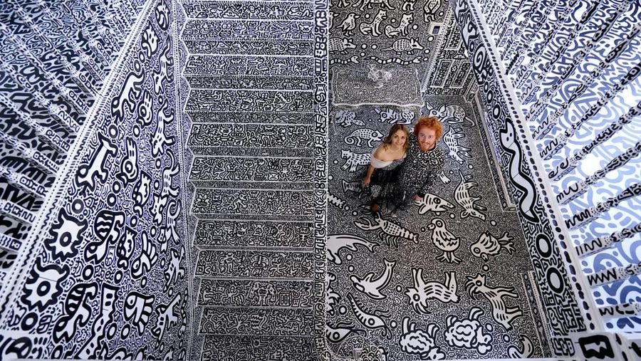 A view of the outside of British artists' Sam Cox, aka Mr Doodle, as he reveals the Doodle House, a twelve-room mansion at Tenterden, in Kent, which has been covered, inside and out in the artist's trademark monochrome, cartoonish hand-drawn doodles. Picture date: Monday October 3, 2022. (Photo by Gareth Fuller/PA Images via Getty Images)