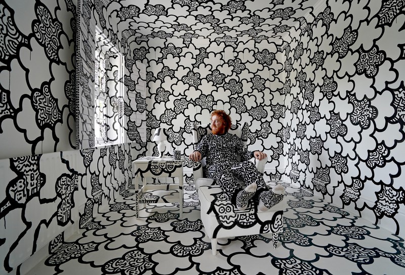 A view of the outside of British artists' Sam Cox, aka Mr Doodle, as he reveals the Doodle House, a twelve-room mansion at Tenterden, in Kent, which has been covered, inside and out in the artist's trademark monochrome, cartoonish hand-drawn doodles. Picture date: Monday October 3, 2022. (Photo by Gareth Fuller/PA Images via Getty Images)