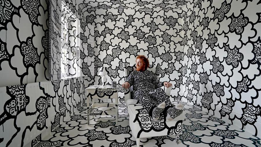 A view of the outside of British artists' Sam Cox, aka Mr Doodle, as he reveals the Doodle House, a twelve-room mansion at Tenterden, in Kent, which has been covered, inside and out in the artist's trademark monochrome, cartoonish hand-drawn doodles. Picture date: Monday October 3, 2022. (Photo by Gareth Fuller/PA Images via Getty Images)