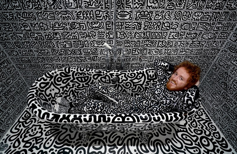A view of the outside of British artists' Sam Cox, aka Mr Doodle, as he reveals the Doodle House, a twelve-room mansion at Tenterden, in Kent, which has been covered, inside and out in the artist's trademark monochrome, cartoonish hand-drawn doodles. Picture date: Monday October 3, 2022. (Photo by Gareth Fuller/PA Images via Getty Images)