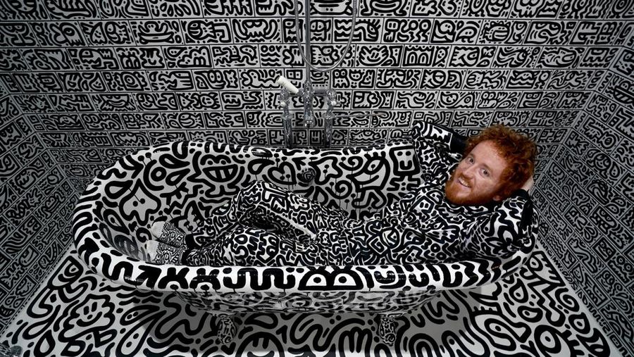 A view of the outside of British artists' Sam Cox, aka Mr Doodle, as he reveals the Doodle House, a twelve-room mansion at Tenterden, in Kent, which has been covered, inside and out in the artist's trademark monochrome, cartoonish hand-drawn doodles. Picture date: Monday October 3, 2022. (Photo by Gareth Fuller/PA Images via Getty Images)