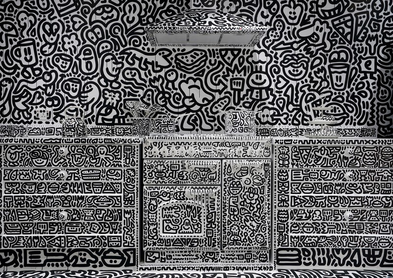 A view of the outside of British artists' Sam Cox, aka Mr Doodle, as he reveals the Doodle House, a twelve-room mansion at Tenterden, in Kent, which has been covered, inside and out in the artist's trademark monochrome, cartoonish hand-drawn doodles. Picture date: Monday October 3, 2022. (Photo by Gareth Fuller/PA Images via Getty Images)