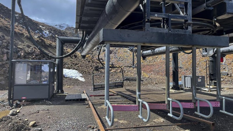 Skiers make the most of the very little snow at the Tūroa ski field, on Mt Ruapehu, New Zealand on Sept. 22, 2022. A disastrous snow season has left two of New Zealand's largest ski fields on the brink of bankruptcy, with climate change appearing to play a significant role. (AP Photo/Nick Perry)