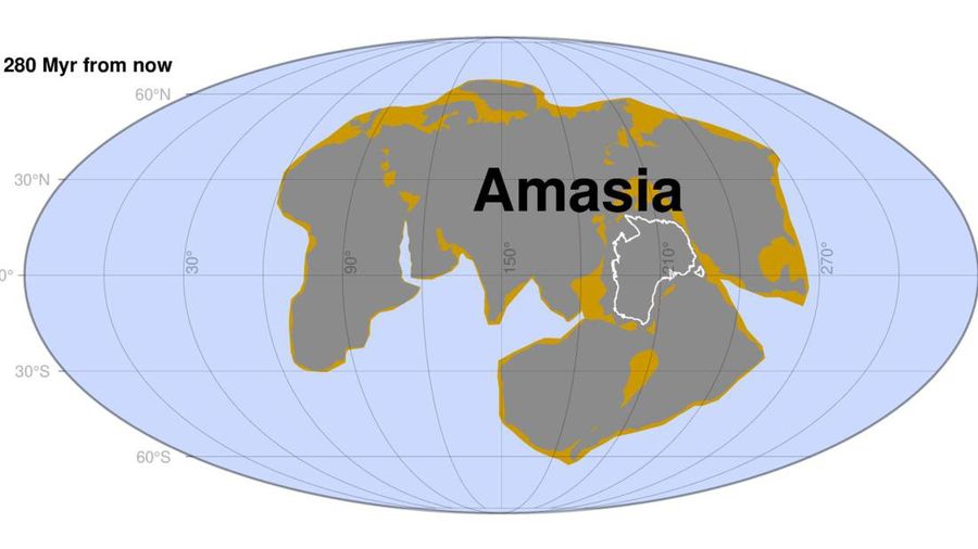 Peneliti telah memodelkan apa yang mereka pikir mungkin superbenua berikutnya, Amasia, yang dapat terbentuk sekitar 280 juta tahun di masa depan. (Tangkapan layar Curtin University)