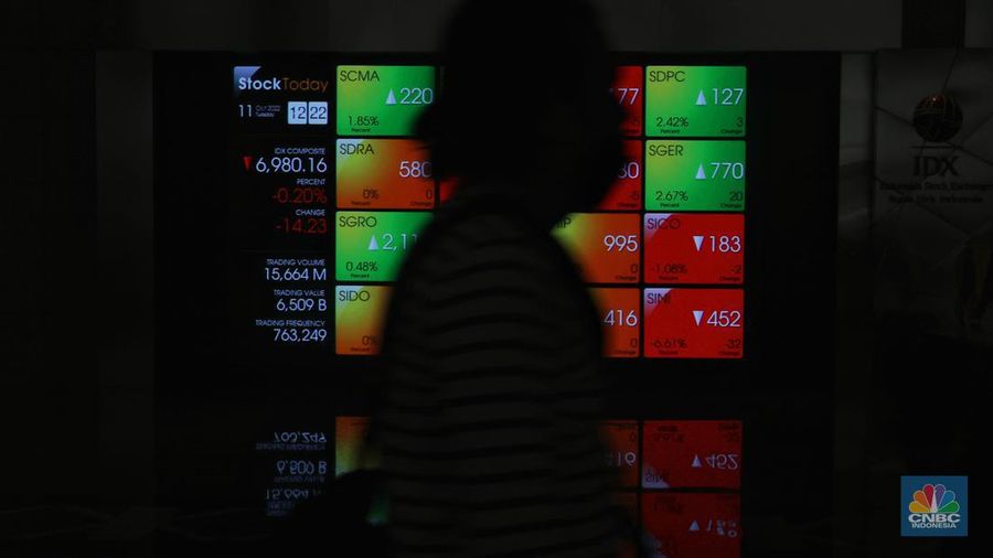 Karyawan melintas di samping layar elektronik yang menunjukkan pergerakan Indeks Harga Saham Gabungan (IHSG) di Bursa Efek Indonesia, Jakarta, Selasa (11/10/2022). (CNBC Indonesia/Andrean Kristianto)