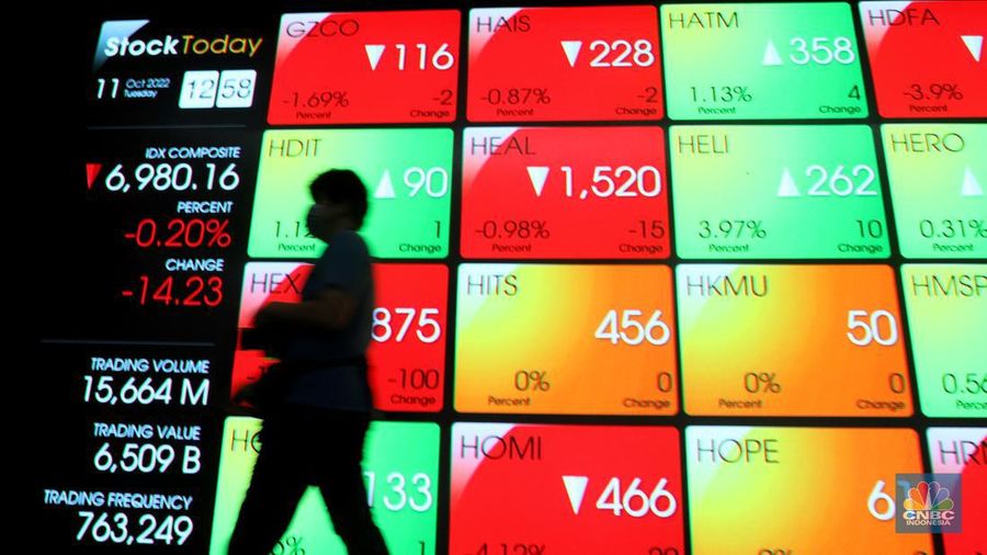 Karyawan melintas di samping layar elektronik yang menunjukkan pergerakan Indeks Harga Saham Gabungan (IHSG) di Bursa Efek Indonesia, Jakarta, Selasa (11/10/2022). (վ/Andrean Kristianto)