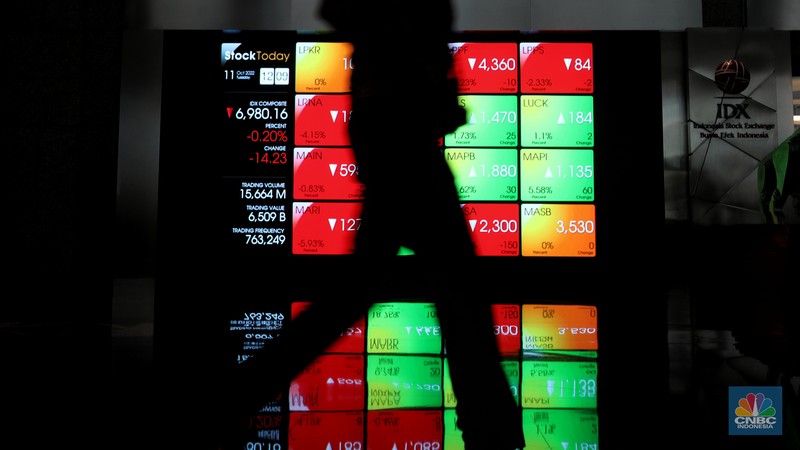 Karyawan melintas di samping layar elektronik yang menunjukkan pergerakan Indeks Harga Saham Gabungan (IHSG) di Bursa Efek Indonesia, Jakarta, Selasa (11/10/2022). (CNBC Indonesia/Andrean Kristianto)