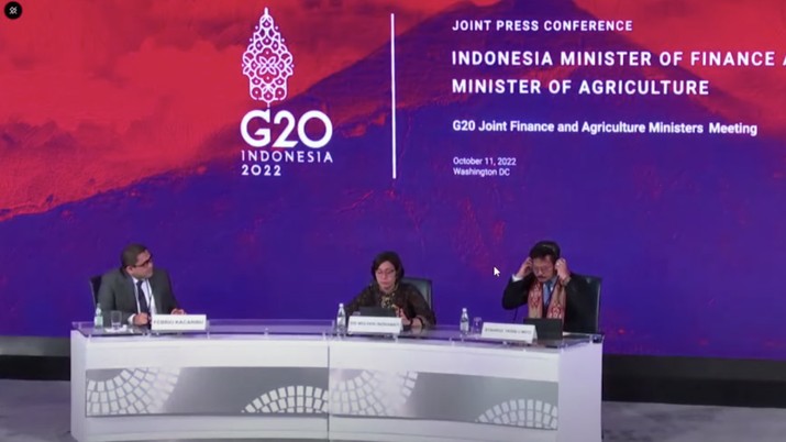 Konferensi pers Pertemuan G20 Joint Finance and Agriculture Ministers (JFAMM) yang pertama di Washington D.C. pada tanggal 11 Oktober 2022. (Tangkapan layar Youtube  Kemenkeu RI)