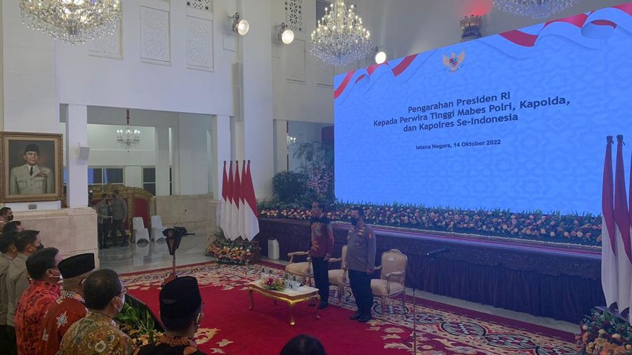 Pengarahan Presidem Joko Widodo kepada Perwira Tinggi Mabes Polri, Kapoldan dan Kapolres Se-Indonesia di Istana Negara, Jumat (14/101/2022). (CNBC Indonesia/Chandra Gian Asmara)