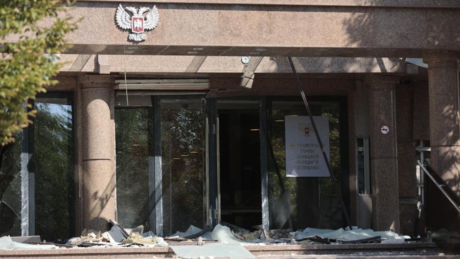DONETSK, UKRAINE - OCTOBER 16: A view of the damaged Donetsk city administration building after shelling in Donetsk, Ukraine on October 16, 2022. No one was hurt despite the destruction. (Photo by Leon Klein/Anadolu Agency via Getty Images)